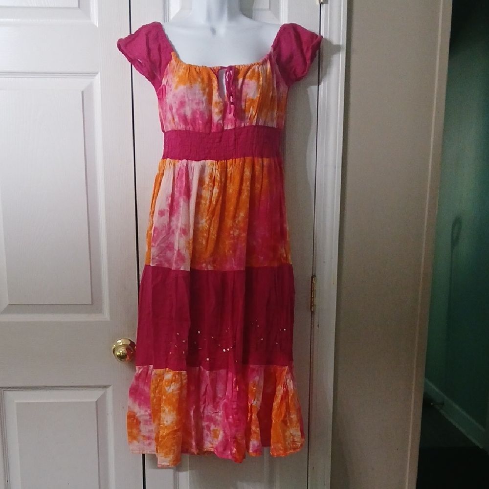 California breeze pink orange  tie dye midi dress Sz M EUC
